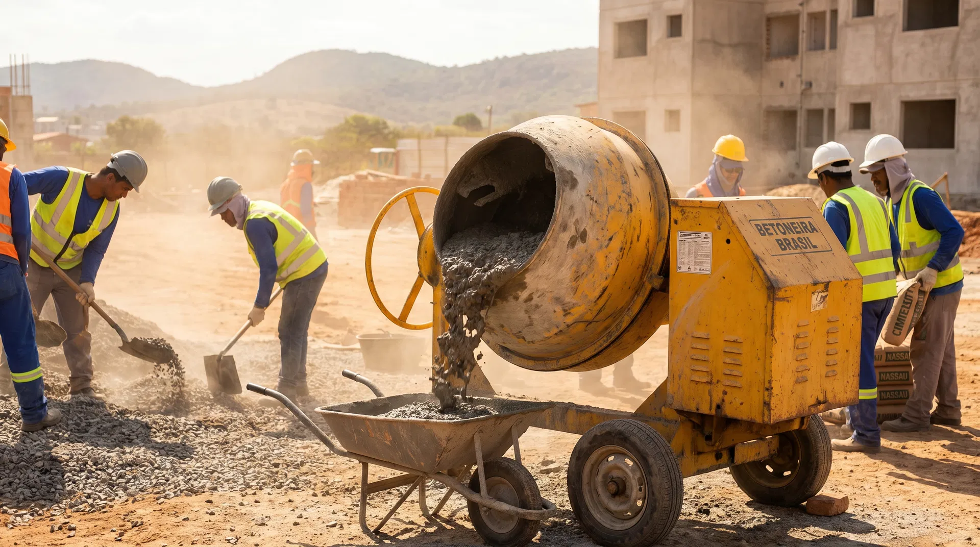 Betoneira em uso na construção