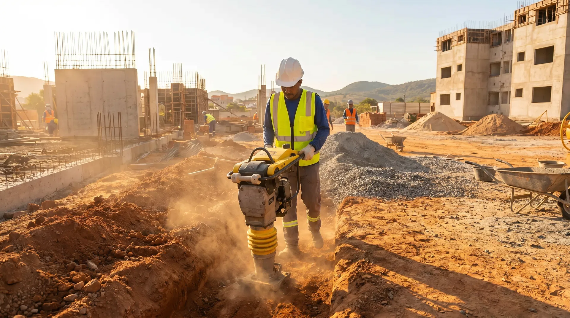 Compactador de solo tipo sapo em uso em canteiro de obra de construção civil